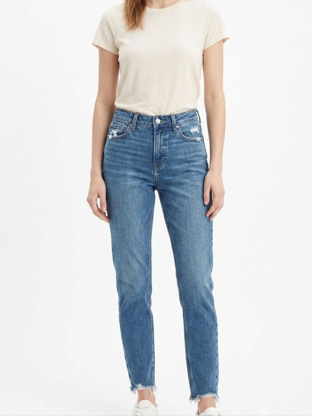 American Eagle Mom Jeans Size 0 Long High Rise Blue Distressed Raw Hem Denim